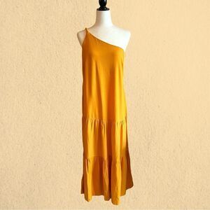 FARM Rio yellow one shoulder tiered maxi dress linen